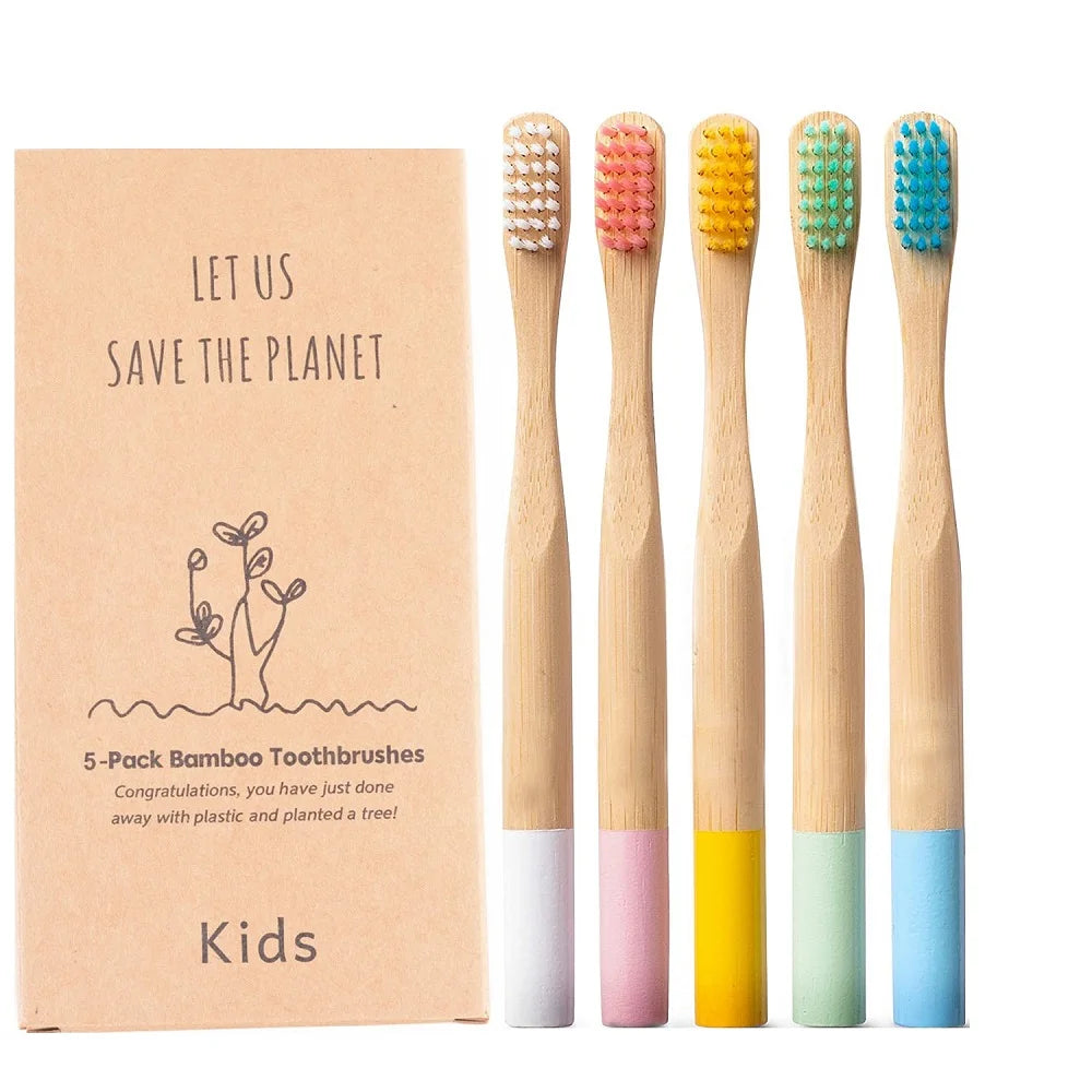 Kids Bamboo Toothbrushes 5 Pack BPA Free Soft Bristles Toothbrush Eco Friendly Natural Bamboo Toothbrush Set Compostable Wooden EcoDepots.com