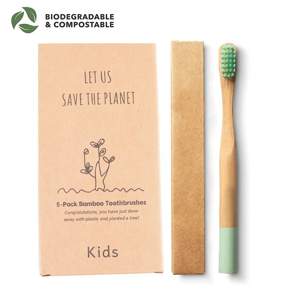 Kids Bamboo Toothbrushes 5 Pack BPA Free Soft Bristles Toothbrush Eco Friendly Natural Bamboo Toothbrush Set Compostable Wooden EcoDepots.com